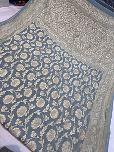 Sari en soie de chiffon Khaddi Georgette fait main, tissage artisanal Banarasi, motif géométrique moderne, qualité supérieure, sari festif pour elle - Product Image 6