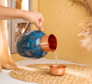 Pichet en cuivre imprimé paon en laiton AK avec 2 verres et couvercle en lot de 3 finis multicolores pour bureau/usage domestique - Product Image 4