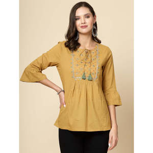 Women's Beige Floral Embroidered <b>Top</b> XL Loose Fit Casual <b>Top</b> with Bell Sleeves and Tie-Up Neck Poplin Cotton Breathable - Product Image 2