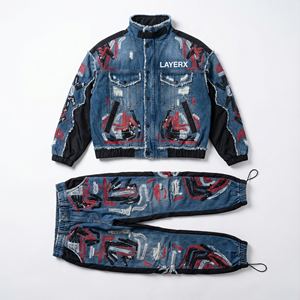 Custom Women <b>Denim</b> Jean Tracksuit Solid Nylon Embroidered Windbreaker Set Distressed <b>Jacket</b> Stacked Pants Streetwear Lightweight - Product Image 1