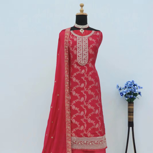 Elegante traje de invierno indio y paquistaní Salwar Kameez pesado viscosa Jacquard bordado Chinon Dupatta Santoon tallas inferiores 64" - Product Image 1