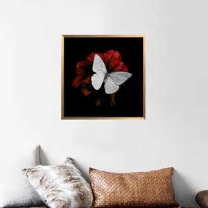 Elegant White Butterfly on Red Flower PRINTED Canvas Artwork,Gold <b>Framed</b> - Product Image 1