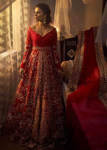 ATIYA LIBAS Beautiful <b>Red</b> Bridal Jacket <b>Lehenga</b> Dupatta Dress Embellished Dabka Stones Pearls Resham Embroidery Acetate Material - Product Image 2