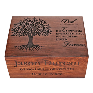 Urna de cremación de palisandro, diseño de árbol de la vida, Placa dorada, recuerdo conmemorativo de madera de mango para cenizas de adultos - Product Image 1