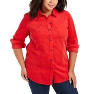เสื้อเชิ้ตคอร์ดูรอยผ้าฝ้ายสำหรับผู้หญิงไซส์พลัส แบรนด์ Charter Club สีแดง ลายพิมพ์ลำลอง ตกแต่งกระดุม ลายโลโก้ด้านหน้า มีไซส์ XL และ 3X - Product Image 1