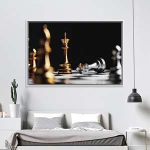 Impresión en lienzo de piezas de ajedrez modernas: elegante obra de arte en vidrio templado, lienzo con marco blanco - Product Image 1