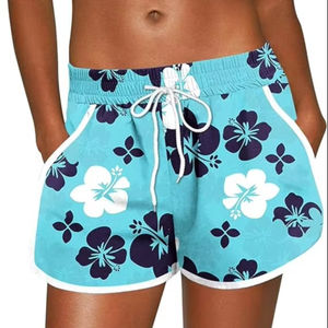 Pantalones cortos de mezclilla cruzados de cintura alta para mujer Pierna recta elástica con puños crudos Patrón caliente Pantalones cortos de algodón Diseño de estampado lavado - Product Image 1