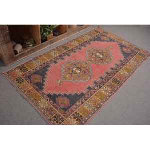 Vintage Turkish <b>Rug</b> 3.8 X 6.8ft Classic Pink Yellow Patchwork Wool Flat Weave <b>Boho</b> Jute Carpet for Living Room Latex Backed - Product Image 5