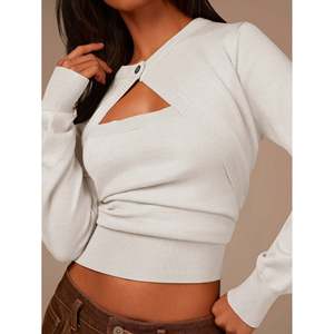 Suéter con cuello redondo y detalle recortado para mujer, amarillo, de manga larga, tejido. - Product Image 5