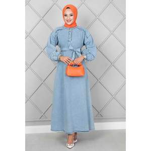 Hombros Borla Hijab Vestido Denim Azul Hielo - Product Image 2