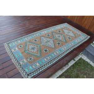 พรมวินเทจตุรกี ขนาด 2.9x6.1 ฟุต (89x187 ซม.) พรมขนสัตว์สีน้ำเงิน - Product Image 2