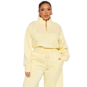 Venta caliente personalizado Casual conjunto de dos piezas 1/4 Sudadera con cremallera deportes ropa informal suelta Conjunto de sudadera y pantalón sólido para mujer - Product Image 1