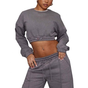 Conjunto de pantalón y sudadera de manga larga informal con logotipo personalizado al por mayor, pantalones de mujer de algodón 100%, chándales, conjunto de suéter de punto de 2 piezas - Product Image 3