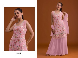 Costume Sharara élégant en fausse georgette avec impression d'aluminium de travail multi-fils brodée lourde pour les fêtes de mariage célébrations festives - Product Image 2