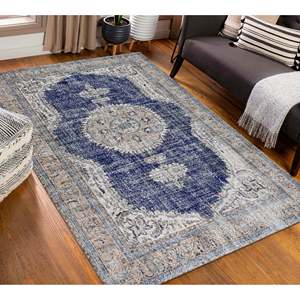 Tapis turc bleu marine : motif ethnique délavé, tapis antidérapant, tapis doux non tissé - Product Image 3