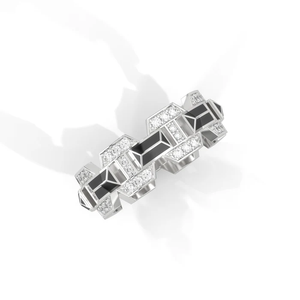 Bague chaîne géométrique Hexa Link en argent sterling 92,5 avec émail noir et diamants pavés, maillons hexagonaux alternés, style moderne - Product Image 3