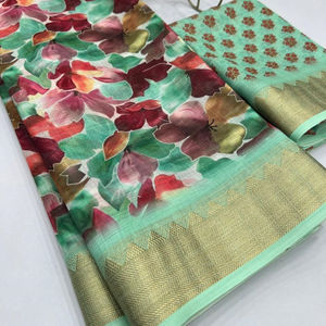 Ropa de fiesta de tela de lino, Saree de seda con estampado Digital hermoso, diseño Floral, uso diario - Product Image 1
