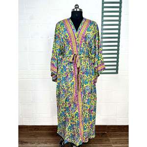Bohemian New Silk Sari Kimono Women <b>Robe</b> Green Pink Floral Luxury Anniversary Birthday Gift for House <b>Beach</b> Regal Summer ODM - Product Image 1