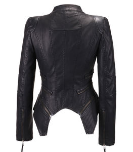 Chaqueta de motorista de moda de Invierno para mujer, cuero genuino, detalle de tachuelas, cuello levantado, cierre de cremallera, patrón sólido, forma perfecta - Product Image 2