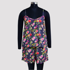 Haute qualité élégant femmes bleu imprimé printemps été tissé tricoté ensemble de vêtements de nuit XL Spaghetti sangle Camisole taille élastique - Product Image 1