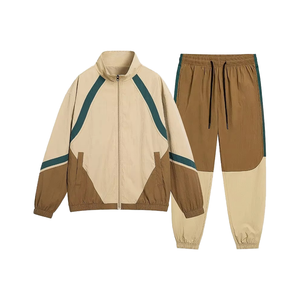 Men's Color Blocking Full-<b>Zip</b> <b>Hooded</b> Jacket Drawstring Joggers Breathable Fleece-Lined 100% Cotton Sporty Autumn Tracksuit Side - Product Image 1