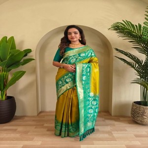 Sari de Seda Elegante de Dos Tonos VASTRA COTTAGE con Tejido Zari en Toda la Superficie, Pallu de Contraste, Sari Tradicional para Fiestas - Product Image 4