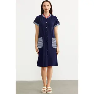 Buttoned Combed Cotton Dress with Marine Detail