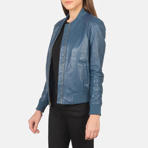 Chaqueta Bomber de Piel de Oveja Genuina Azul BLISS para Mujer - Elegante Abrigo de Invierno Estilo Motero - Product Image 4