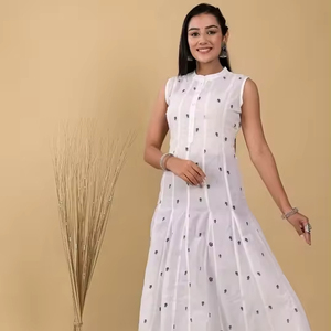 ชุดเดรส Anarkali ลำลองสำเร็จรูป ดีไซน์หรูหรา ลายดอกไม้สไตล์อินเดีย คอปกพับได้ ผ้าฝ้ายทรงเอไลน์ - Product Image 1