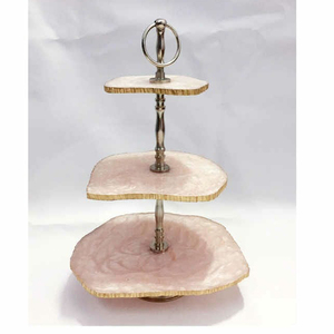 หินอ่อนหินที่มีไม้ฝัง & โลหะ Rode แขวนและพับประเภท2ชั้นยืนเค้กสำหรับตกแต่งเค้ก - Product Image 4