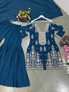 Lancement d'un nouveau look de soirée de créateur, haut fantaisie Dupatta et pantalon entièrement cousu avec séquence de broderie, costume de robe de travail - Product Image 5