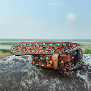Cinturón de vaquero occidental mecanizado a mano de cuero genuino con hebilla de aleación clásica Diseño floral vintage - Product Image 2