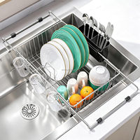 WIREKING Égouttoir à vaisselle extensible compact pour évier, 15-23 pouces, en acier inoxydable, avec porte-ustensiles