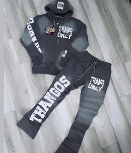 Stylish Vintage Acid Wash Embroidered Flared Sweatsuit Set 100% Cotton Eco-friendly Printed Winter Hoodie Sweatpants - Product Image 2