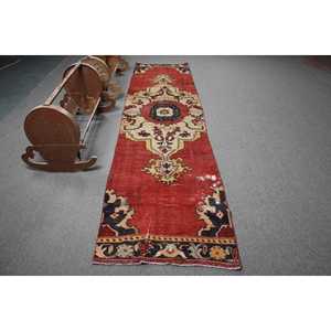 Tapis de 2,8 x 11,1 pieds, tapis turc vintage, tapis en laine rouge et bleu uni - Product Image 1