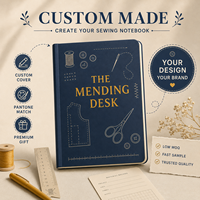 LABON Cuaderno de costura A5 personalizado para reparación de prendas, tapa dura azul marino con estampado dorado, lista de materiales para proyectos de reparación de prendas, bocetos de patrones
