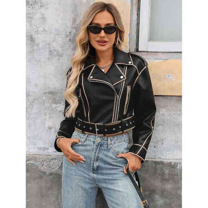 Fashion Lapel  Streetwear Cropped Leather Jacket for women