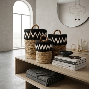 Ensemble de paniers en macramé en écorce de bananier naturelle, noir et blanc, avec couvercle en zigzag et poignée arquée, pour le rangement du linge, décoration et design artistique pur - Product Image 4