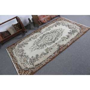 Turkish Vintage Rug 3.8x6.9 ft (117x211 cm), <b>Brown</b> <b>Wool</b> Rug - Product Image 2