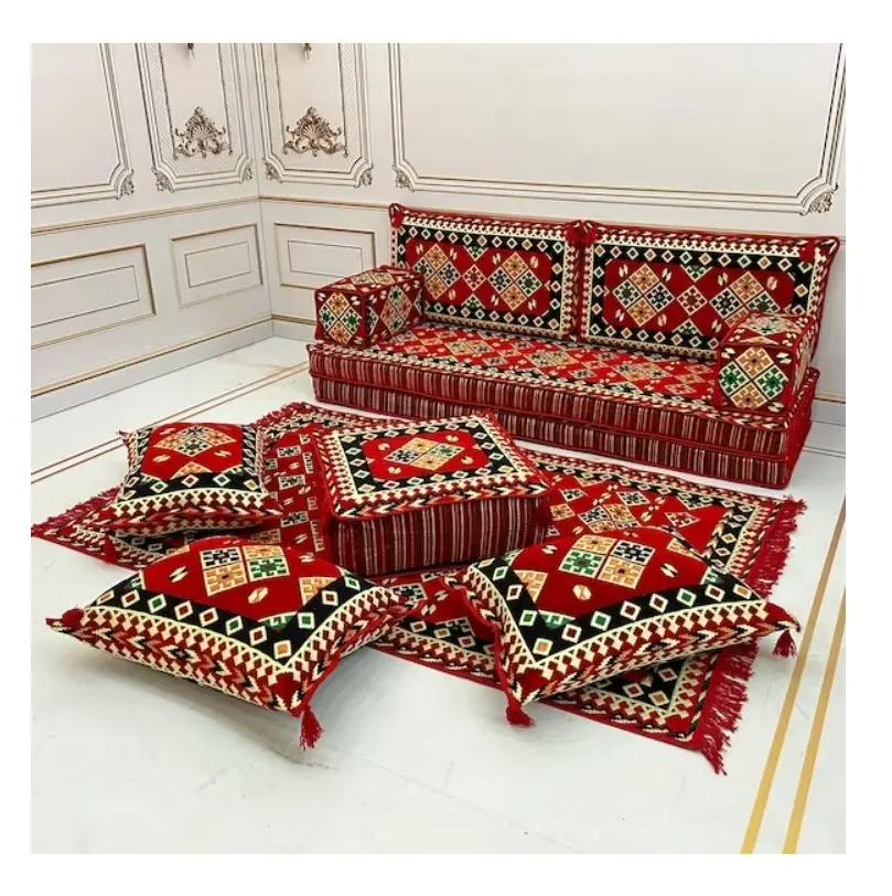Arabic Floor Sofa Living Room Full Sets - 190cm / 6feet / 75 inch - 1 Set Of 10 pcs - Covers + Sponge