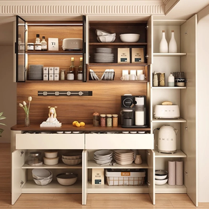 Meuble de rangement sur mesure pour la maison avec section de présentation verticale, fond imitation bois, étagère ouverte, portes sans poignées et grande capacité - Product Image 5