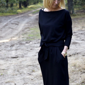 Elegante vestido de algodón 100% para mujer con manga larga, ajuste holgado, cinturón a media pantorrilla, cintura Natural tejida ecológica personalizable - Product Image 1