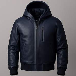 <b>Mens</b> <b>Brown</b> Genuine <b>Leather</b> Hooded <b>Jacket</b> Full Zip Casual Style OEM/ODM Available - Product Image 2