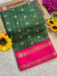 Sarees de Seda India Suave para Mujer con Diseño Pen Kalamkari, Tejido Zari de Dos Tonos en Contraste y Bordes Hamsa - Product Image 5