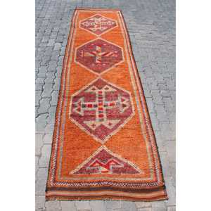 Turkish 2.9x10.8 ft <b>Rug</b>, <b>Runner</b> Vintage <b>Rug</b>, Orange Brown Floral <b>Rug</b> - Product Image 1
