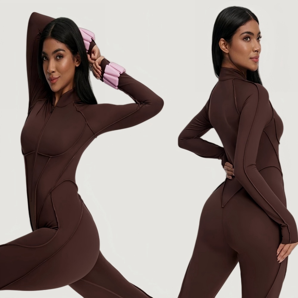 Wholesale Elastic Quick Dry Gym Clothes Half Zipper Long Sleeve Women One Piece Yoga Fitness Jumpsuits