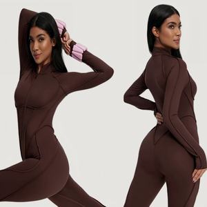 Vente en gros de vêtements de gym élastiques à séchage rapide demi-fermeture éclair à manches longues pour femmes combinaisons de fitness yoga une pièce - Product Image 1