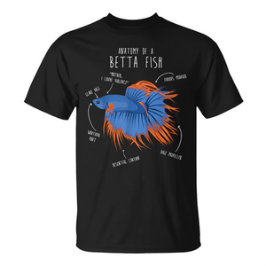 T-shirt con anatomia del pesce Betta per gli amanti degli acquari, design blu e arancione - Product Image 2