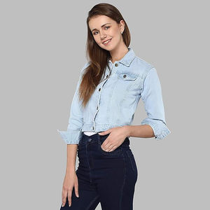 Vente chaude femmes Denim tenue décontracté veste printemps automne automne bleu clair à manches courtes coton veste bouton lavé Techniques - Product Image 4