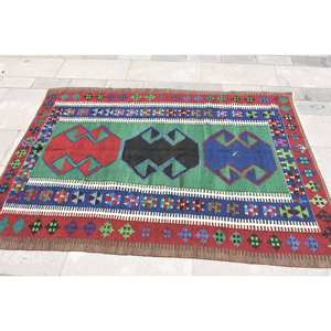 Alfombra Kilim turca tradicional área grande 4'1 \ "X 6 'rectángulo Patchwork abstracto pasillo verde rojo lana látex 10mm para habitación - Product Image 3